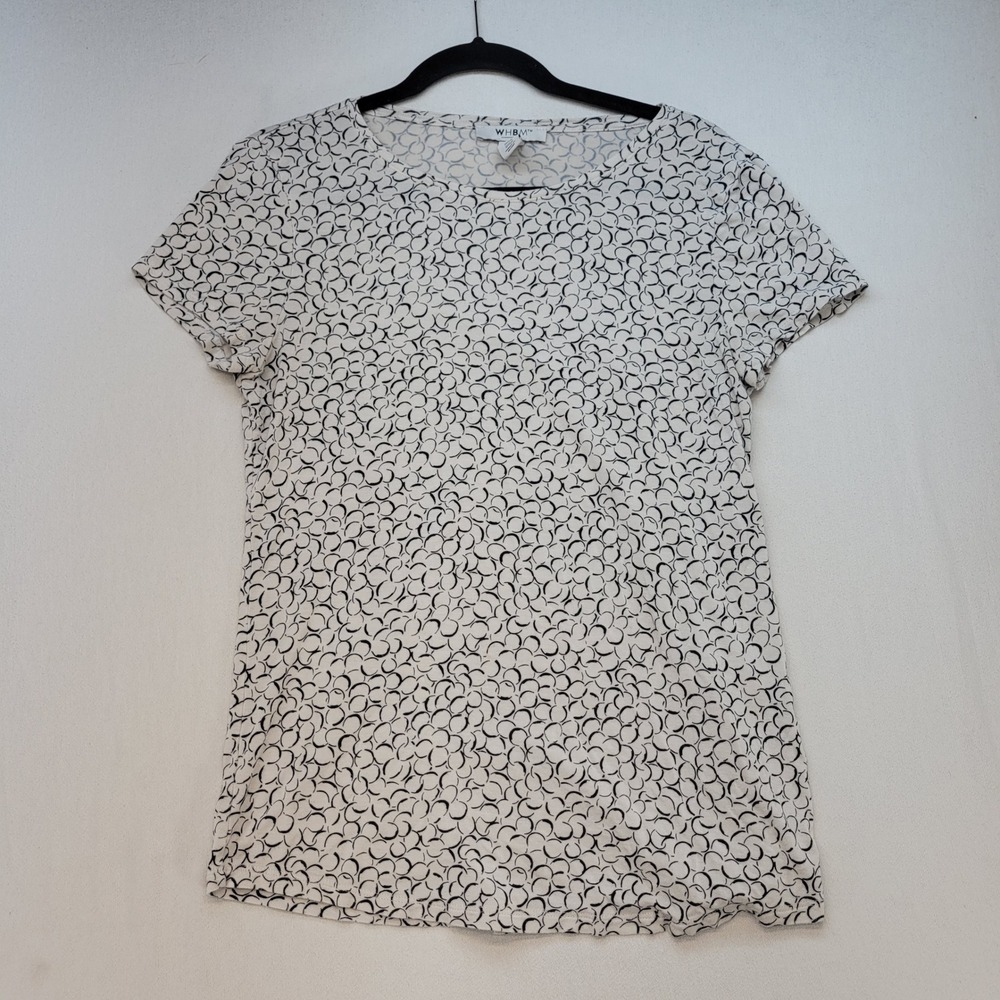 WHBM Blouse Womens Medium White Black Geometric Print Short Sleeve Crew Neck